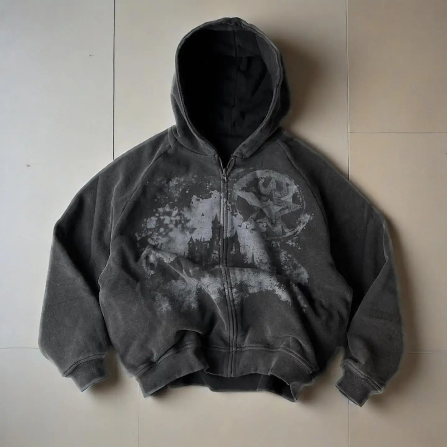 Y2k Gothic Punk Style Printed Star Spot Embroidered Zipper Hoodie Men and Women Fashion Harajuku Retro Oversized Bat Sleeve Top 260108