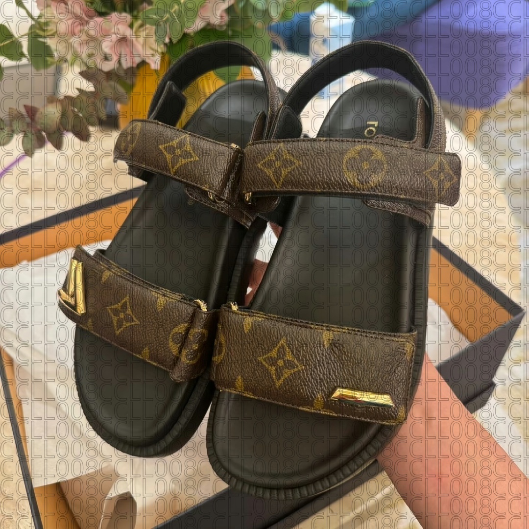 New Slippers Brown Women Sandals Summer Letter Print Real Cow Leather Slides Round Toe Men Lovers Outdoor Beach Casual Shoes Two Straps Adjusted Gold Buckles Shoes