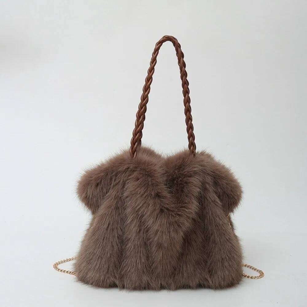 Women's Fashion Pleated Tote Bag Large Capacity Faux Fox Fur Commuting Bags Versatile High-end Fluffy Handbag XJ260109