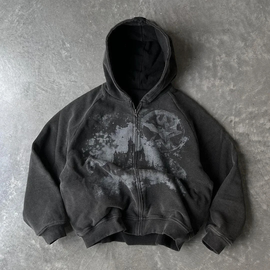 Y2k Gothic Punk Style Printed Star Spot Embroidered Zipper Hoodie Men and Women Fashion Harajuku Retro Oversized Bat Sleeve Top 260108