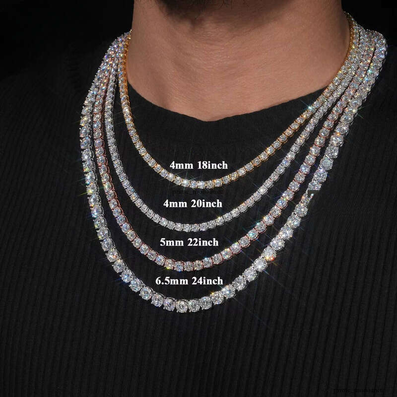 2mm-6.5mm Gold Plated Hip Hop Jewelry 925 Sterling Silver Vvs1 Silicon Stone VVS Moissanite Tennis Chain Bracelet Necklace dc