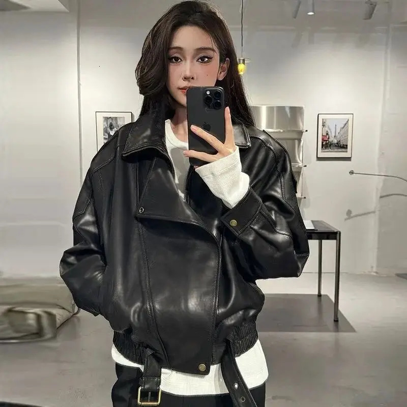 Womens Oversize Lamb Skin Leather Jacket Loose Motorcycle Style Early Autumn Outerwear Simple n High End 251225 - view 4