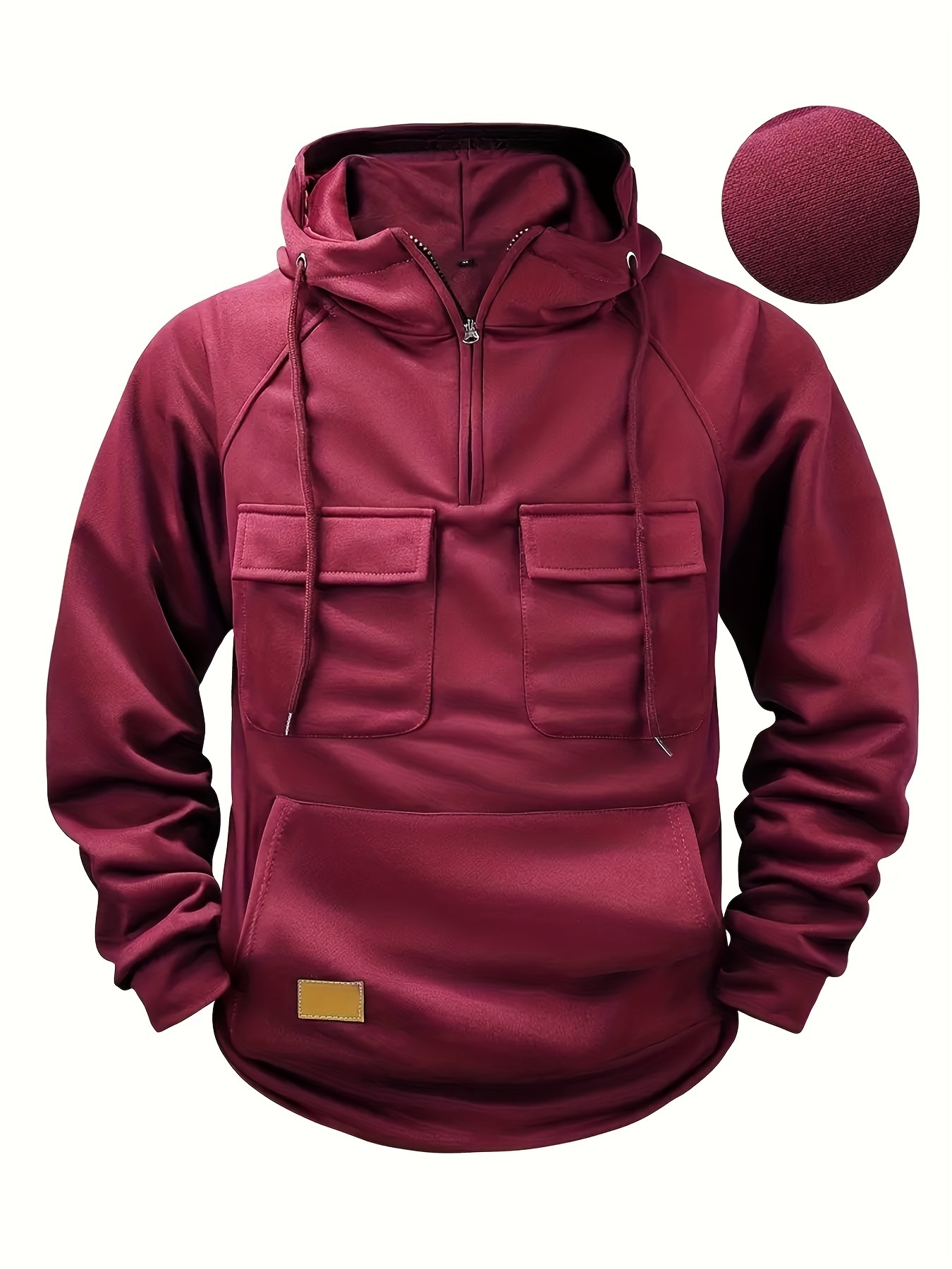 Men's Multi-Pocket Half-Zip Hoodie - Casual Utility Style Drawstring Hooded Sweatshirt