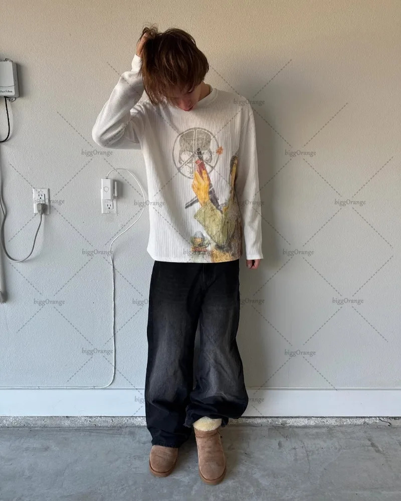 Trendy Harajuku Y2K Retro Streetwear High Street Cartoon Printed Long-sleeved T-shirt Men Hip-hop Punk Casual Loose Top 260107