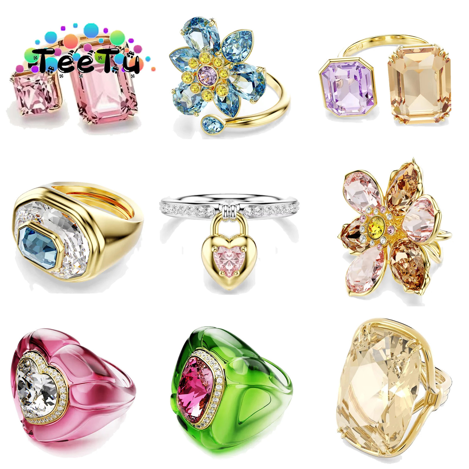 Original Cocktail Party Rings Trend Crystal Jewelry Charm Pink Flower Gold Geometric Crystal Ring Gift for Women 260104