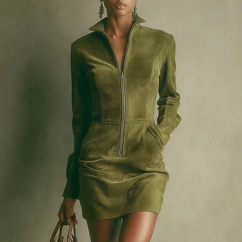 Western Retro Solid Suede Short Dresses Woman Sexy Zipper Lapel Slim Party Dress Autumn Long Sleeve Pockets Mini Dress 251230