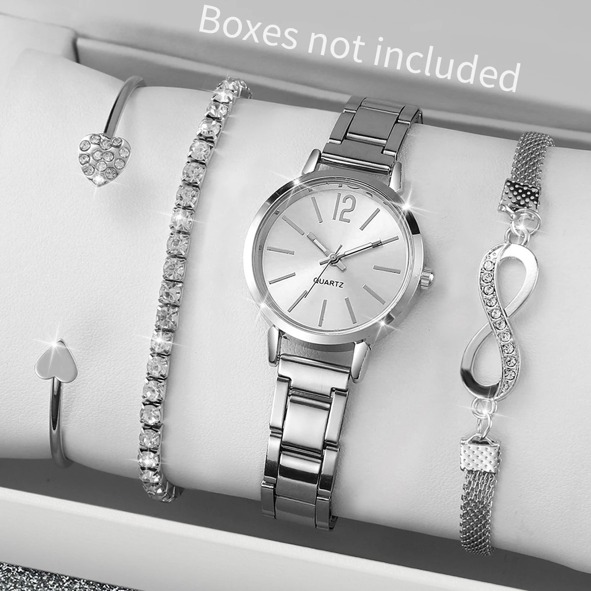 4PCs/Set Womens Watch and Simple Womens Steel Band Quartz Watch Octagonal Love Bracelet Set 260108