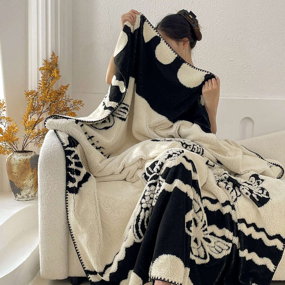 Winter Autumn Coral Fleece Milk & Velvet Children's Multifunctional Throw Blanket Black and White Print