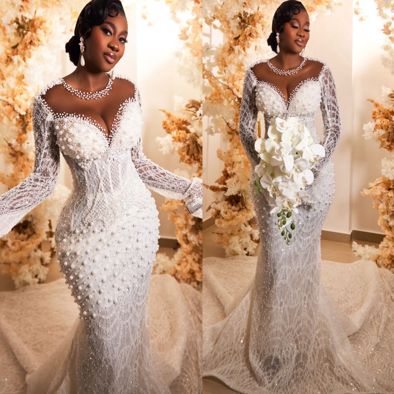 African Aso Ebi 2026 Ivory Mermaid Wedding Dress Sheer Neck Long Sleeves Sequined Lace Pearls Elegant Bridal Gowns Dresses ZJ2276