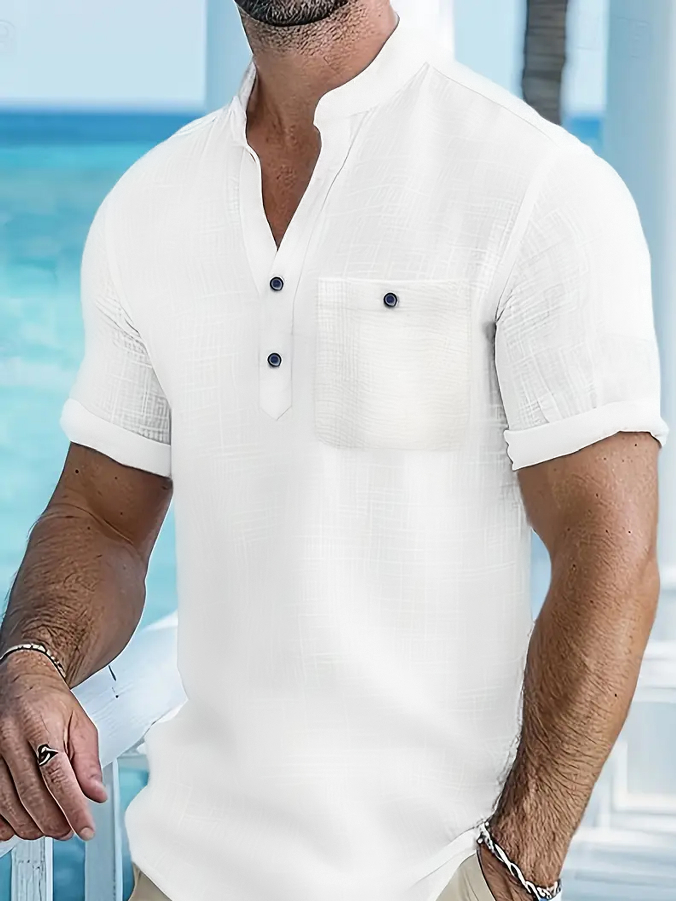 Men's Short-Sleeve Mandarin Collar Shirt - Casual Button-Front Linen-Blend Top with Pocket Wholesale