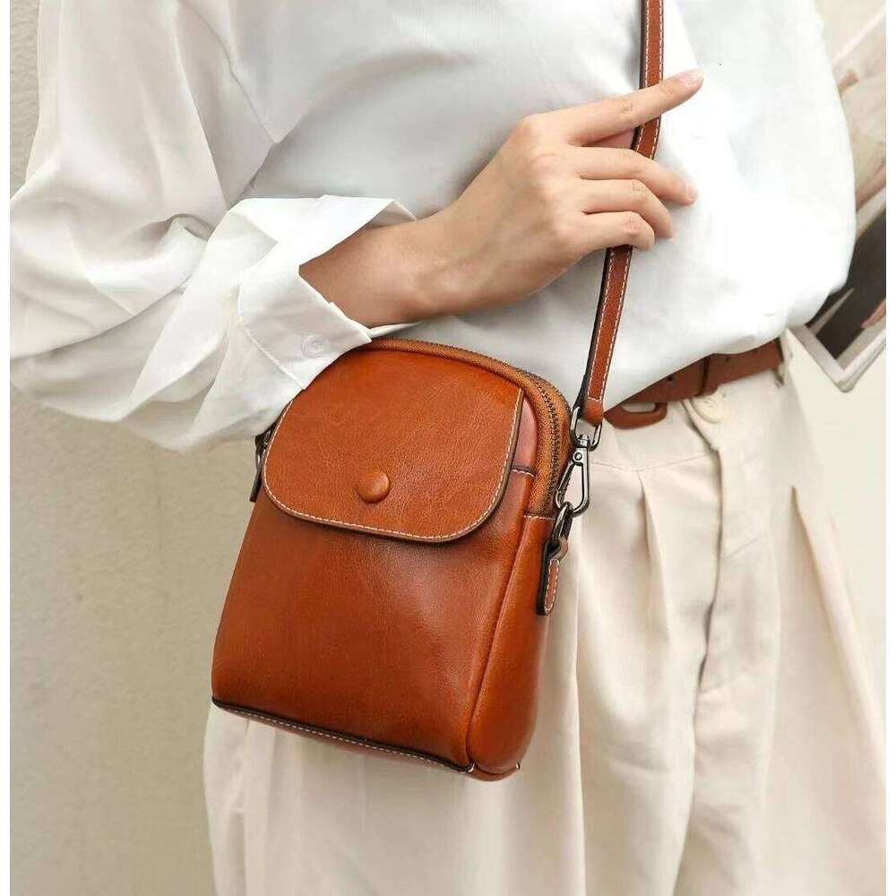 Ladies real leather high-end shoulder bag retro square flip phone storage diagonal cross commuting small backpack XJ260109