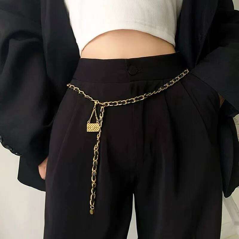 Gold Metal Bag Thin Women Belt Elegant Shiny Tassel Long Chain Waist For Ladies Fashion Dress Skirt Waistband Body Belts