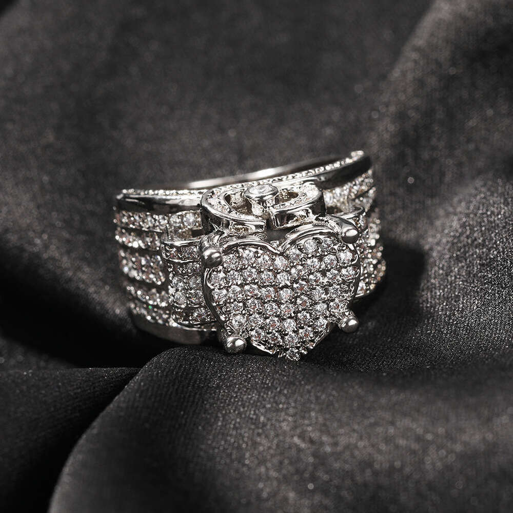 European And American Hip-Hop Style Micro-Paved Zircon Heart Heavy Craft Design Full Diamond Retro Ring Trendy New Jewelry - view 5