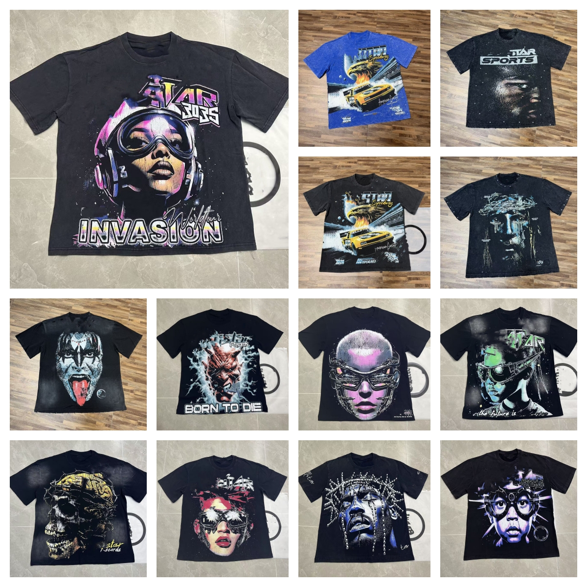 Designer Fashion gothic vintage Menshelllystarshirts graphic tee women shirts Mens Short Sleeve Vintage Wash Hip Hop High Street Graphic