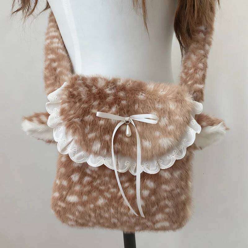 Korean Fashion Faux Fur Messenger Bags For Women Luxury Designer Handbag And Purses 2025 New In Leopard Print Bow Plush Shoulder XJ260109