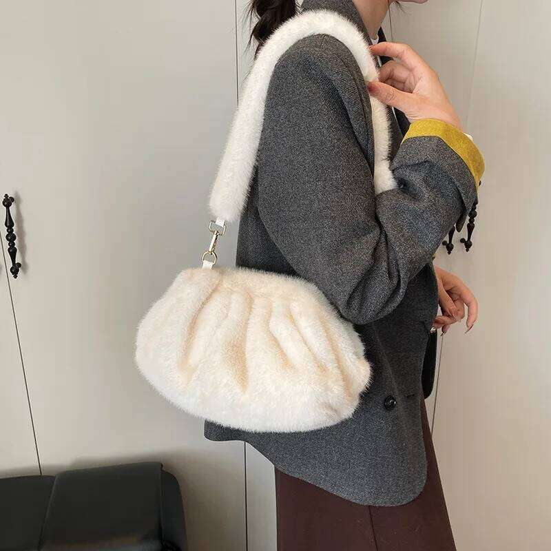 Fluffy Women's - Large Capacity New Arrival Autumn/Winter Niche Furry Shoulder Crossbody Bag with Pleated Tote Design XJ260109