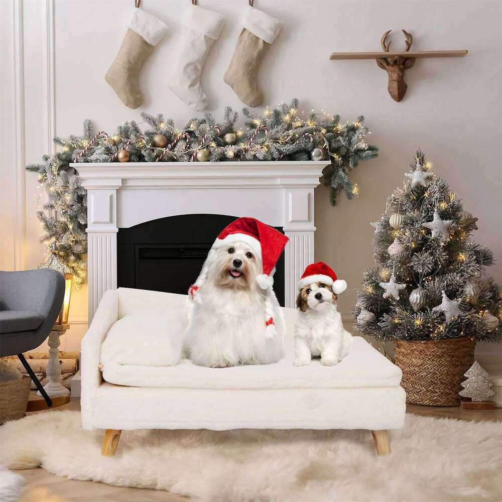 Elevated Bed,Nordic Pet Stool Cozy Pad Waterproof,Pet Sofa Bed with Sturdy Wood Legs for Small Dog Kitten 26N0109