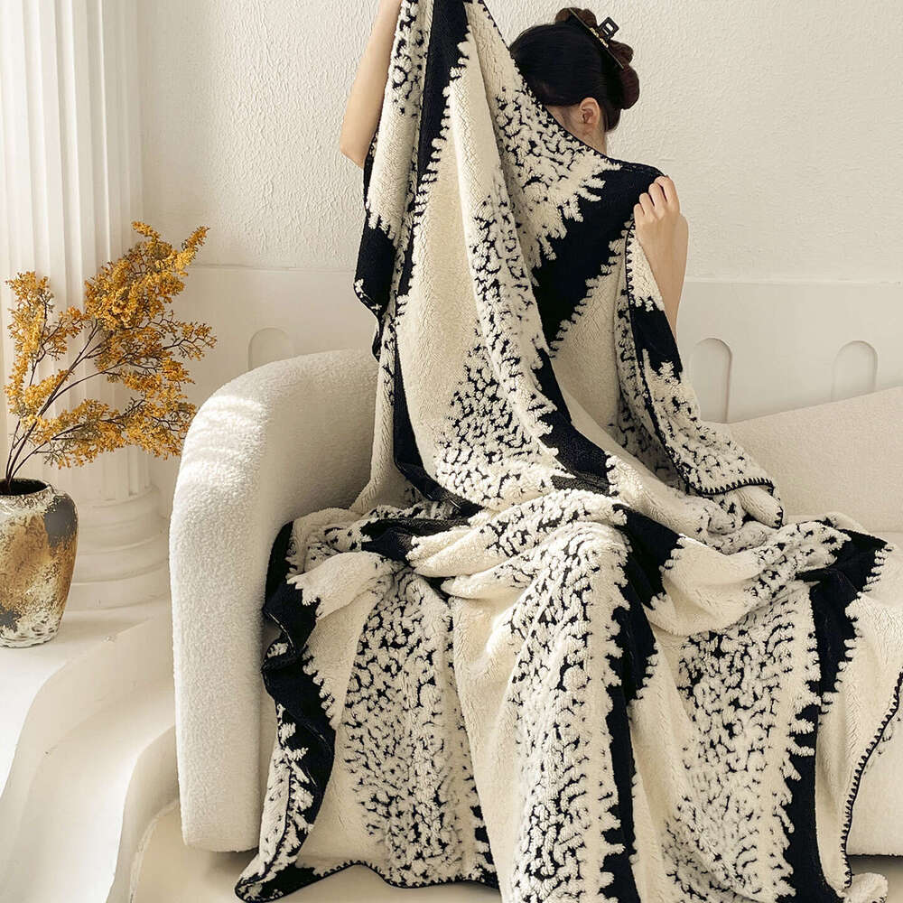Winter Autumn Coral Fleece Milk & Velvet Children's Multifunctional Throw Blanket Black and White Print