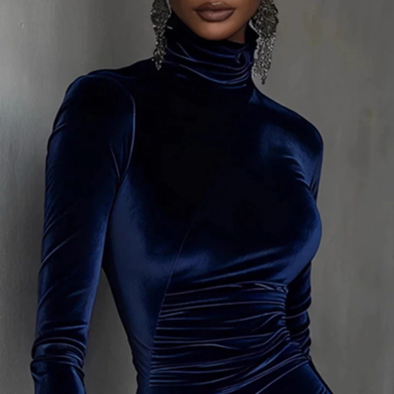 Autumn Turtleneck Patchwork Lace Velvet Dress Woman Casual Solid Slim Bodycon Hips Winter Long Sleeve Irregular Mini 260109 - view 3