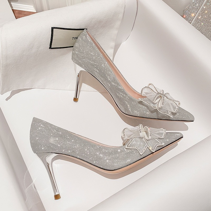 High Heels Women's Stiletto Pointed Head Sexy Gold Wedding Shoes Bridesmaid Shoes Fashion Girl Bow Silver Single Shoes