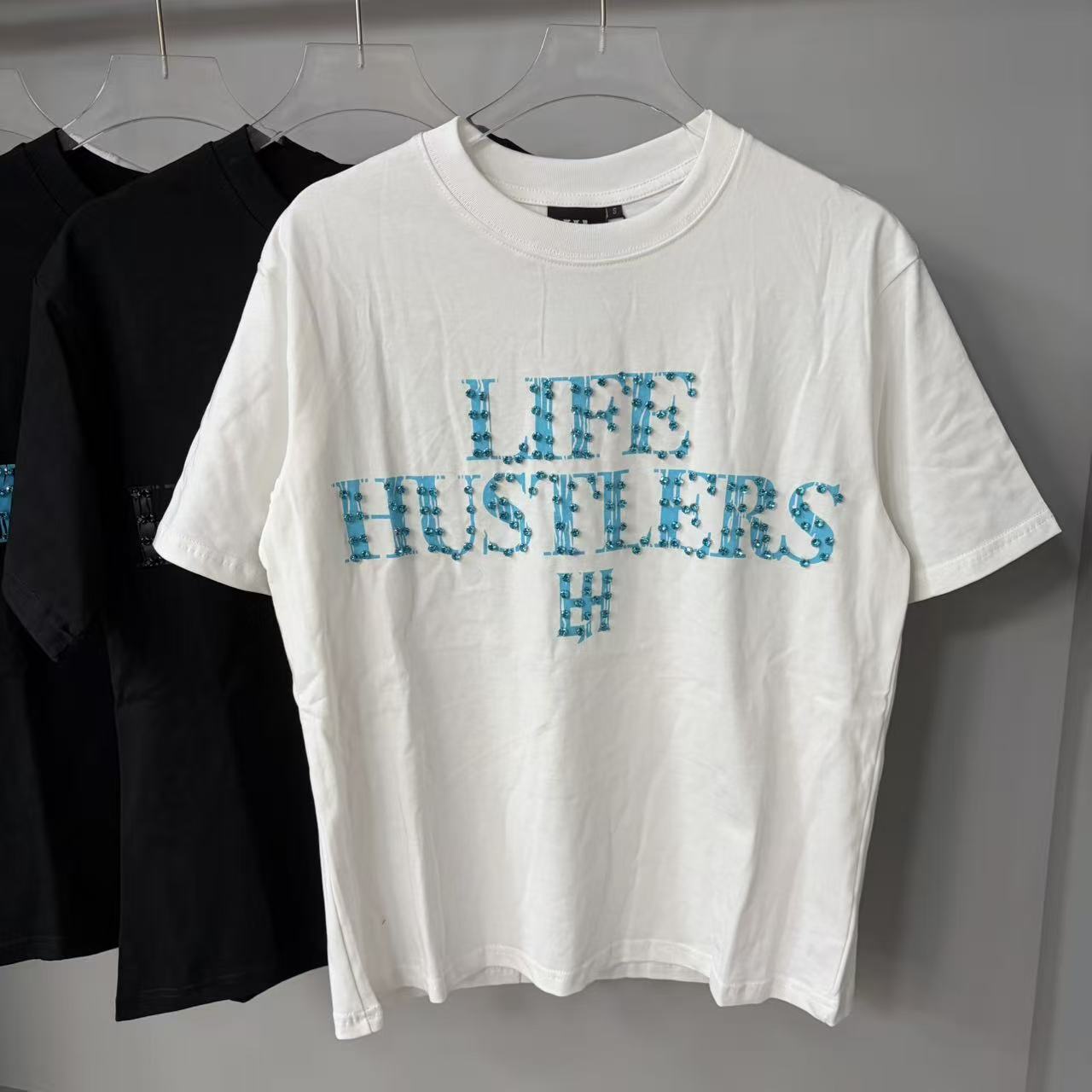 Men's T Shirts Embroidery Diamond Life Hustlers Basic Print Shirt Men Women High Quality Street Loose Black White Gray Short Sleeve Tops