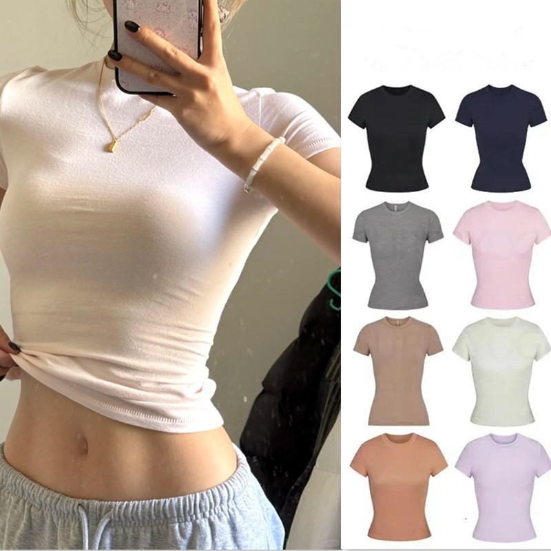 Women Clothes Kim Kardashian Top T-Shirt Short Sleeve Stretch Slim Kylie Same Style Ribbed Cotton Crew Neck Base Shirt