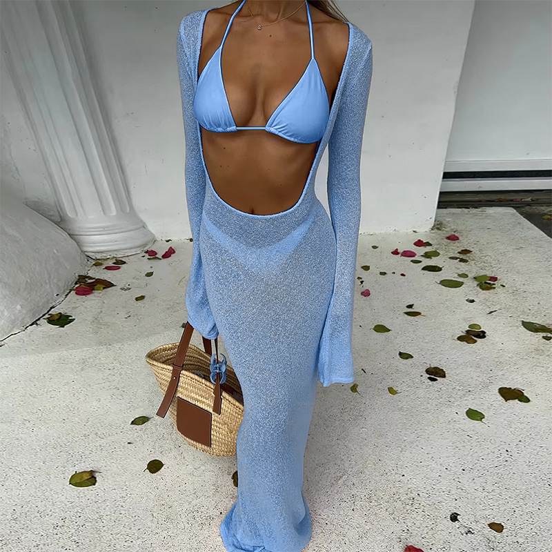 Women's Swimwear Summer Beach Women Blue Bikinis 3pcs Set Fashion Cover Ups Bikini Set Beachwear Bathing Suit Swimming Suits Women Clothing New