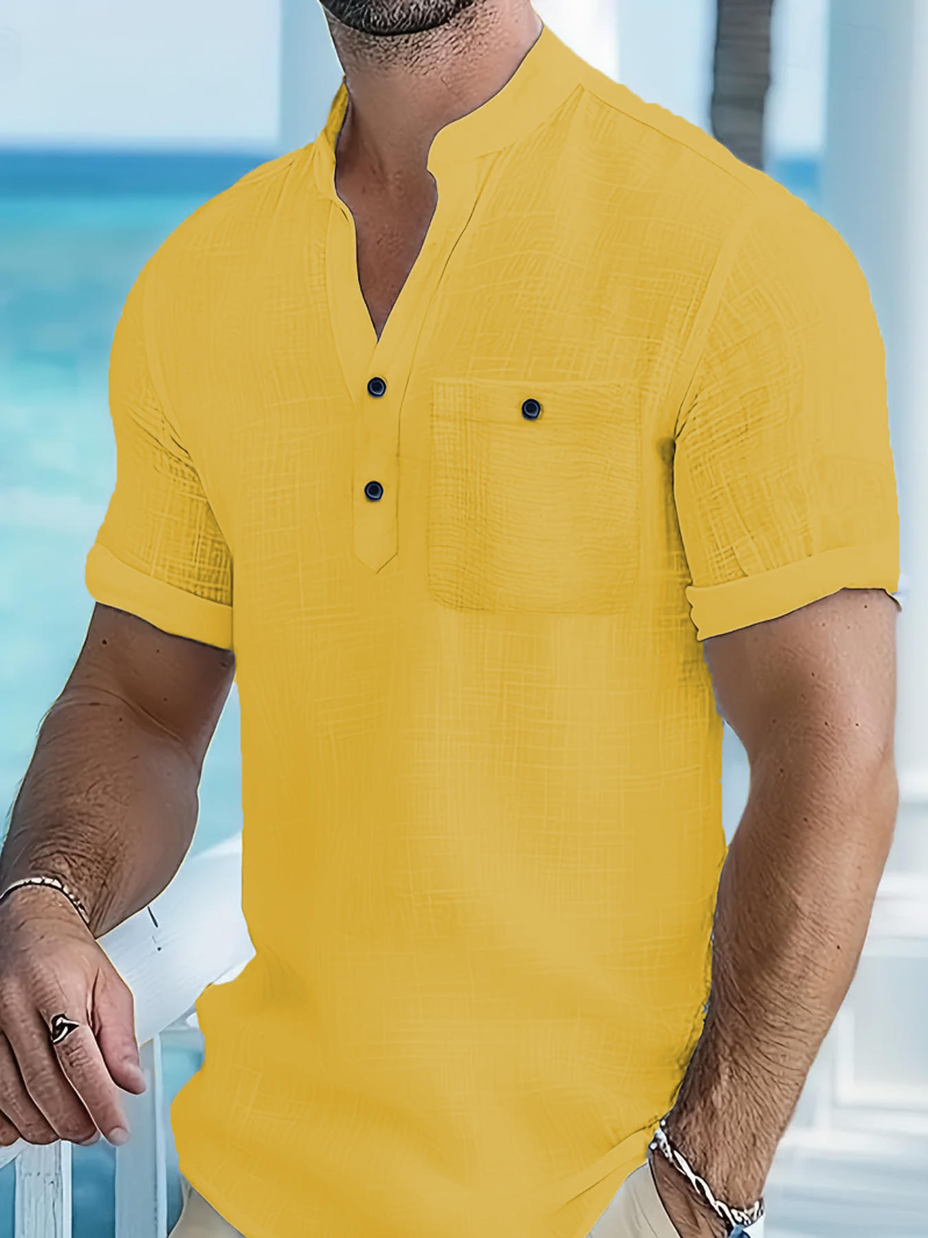Men's Short-Sleeve Mandarin Collar Shirt - Casual Button-Front Linen-Blend Top with Pocket Wholesale