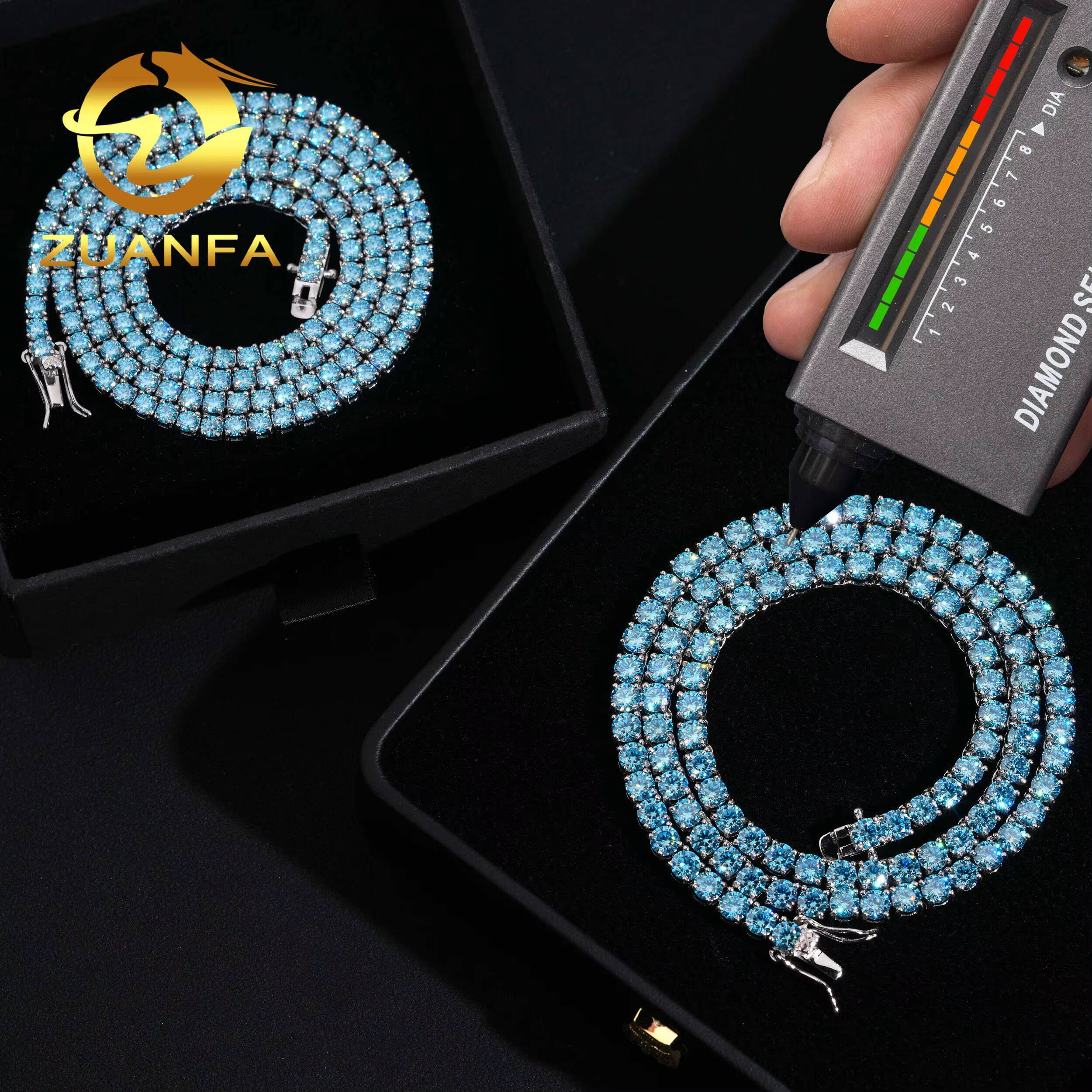 Iced Out Hip Hop Tennis Chain Jewelry Wholesale 3MM 4MM Aquamarine Sea Blue Moissanite Diamond Moissanite Necklace