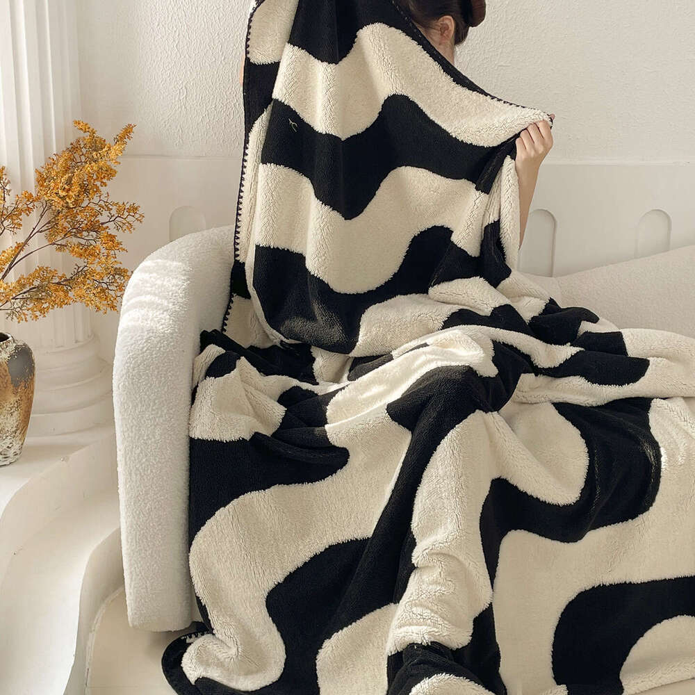 Winter Autumn Coral Fleece Milk & Velvet Children's Multifunctional Throw Blanket Black and White Print