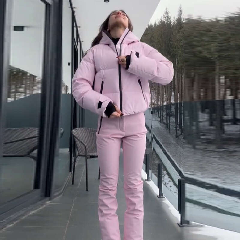 Thicken Warm Women's Skiwear Pink High Collar Hooded Cotton Padded Coats Straight Leg Zipper Pants 2026 New Winter Lady Ski Suit WKERSIY - view 3