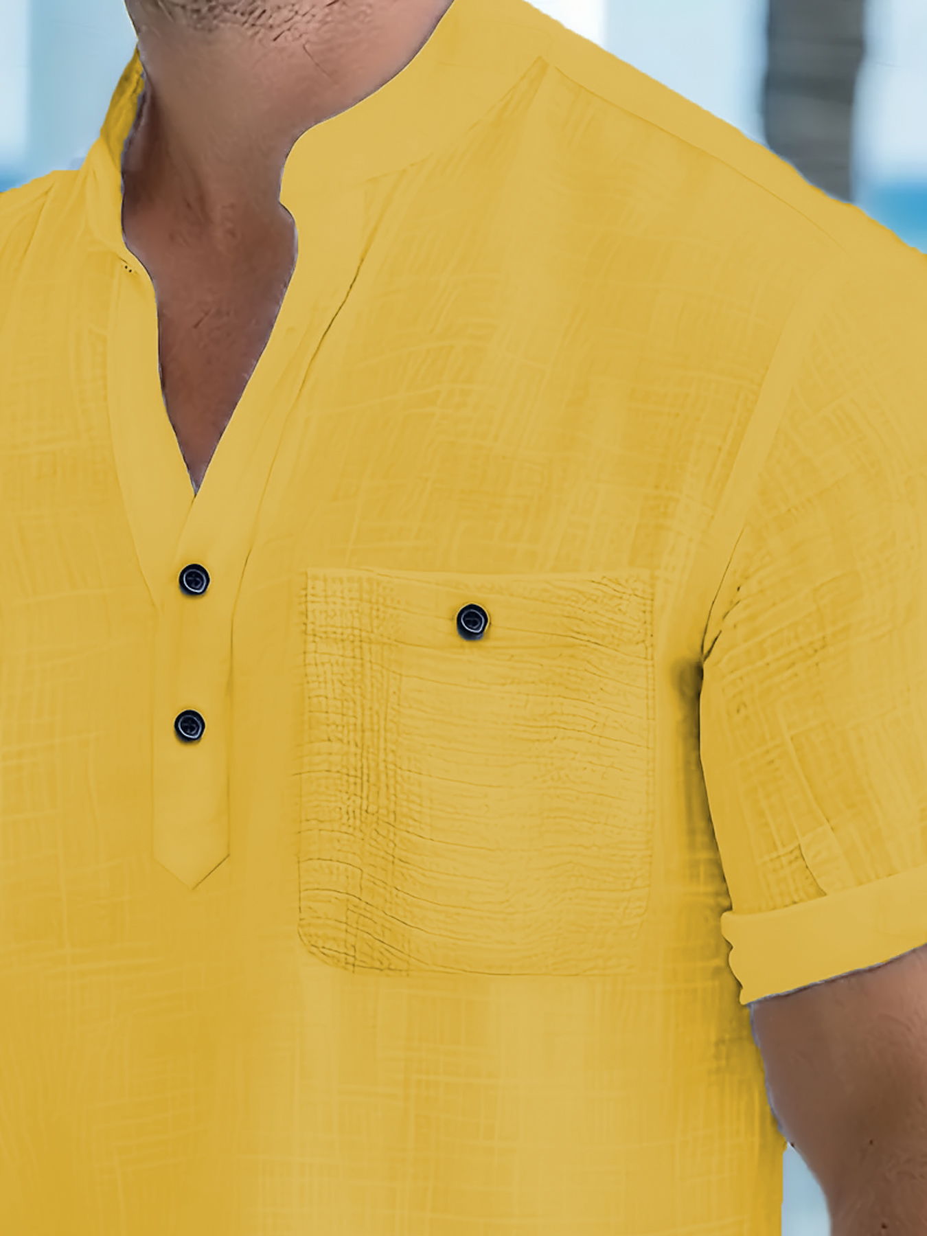 Men's Short-Sleeve Mandarin Collar Shirt - Casual Button-Front Linen-Blend Top with Pocket Wholesale