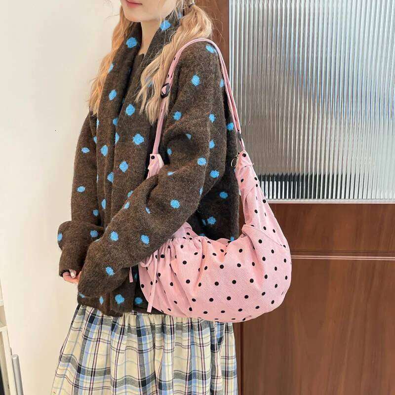 Cute Pink Polka Dot Corduroy Crescent Shoulder Drawstring 2025 New Trendy Design Casual Crossbody Bag for Women Daily Use XJ260109