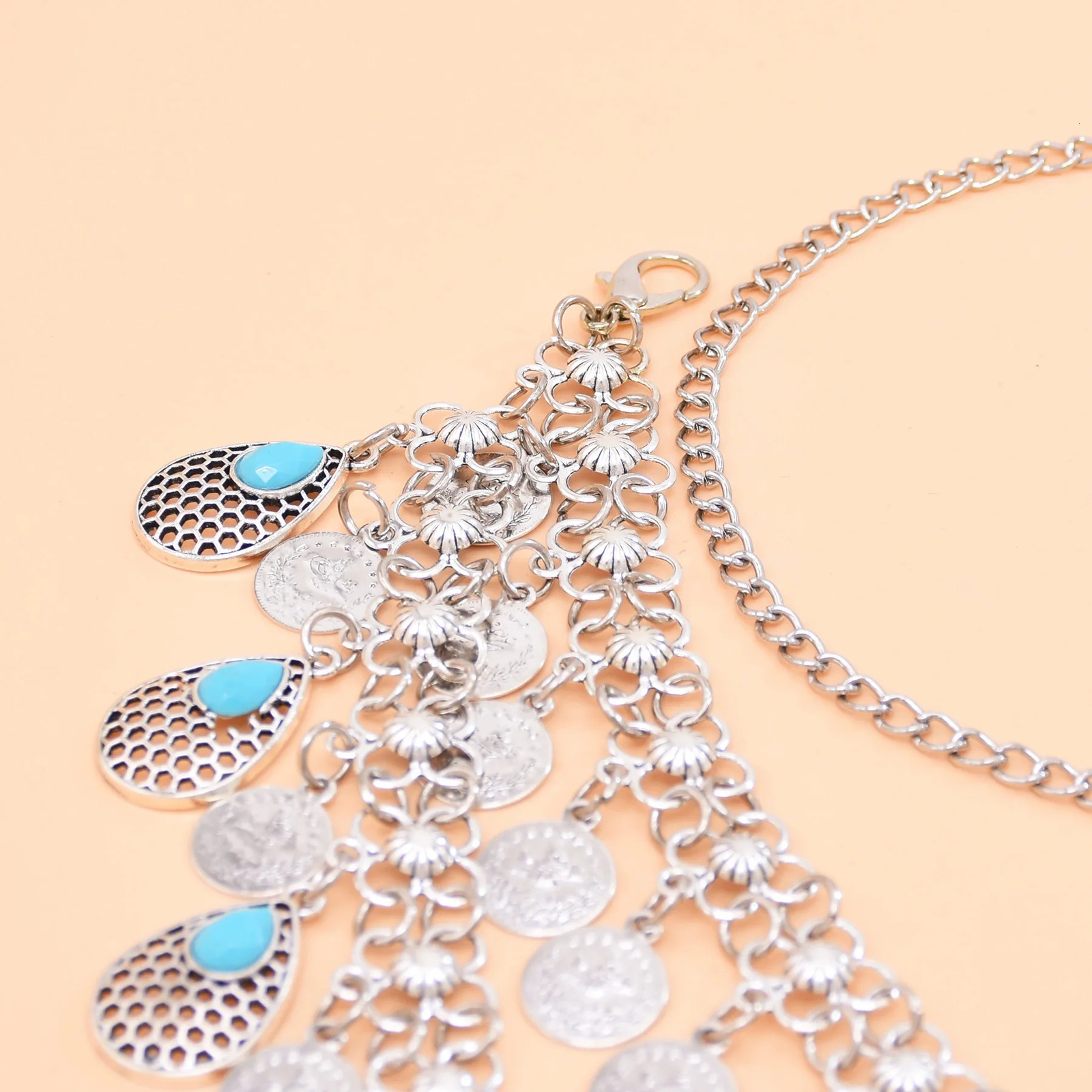Vintage Silver Coin Tassel Waterdrop Pendant Waist Belly Chains Arab Gypsy Ethnic Tribe Belt Turquoise Beads Jewelry Accessory 260107