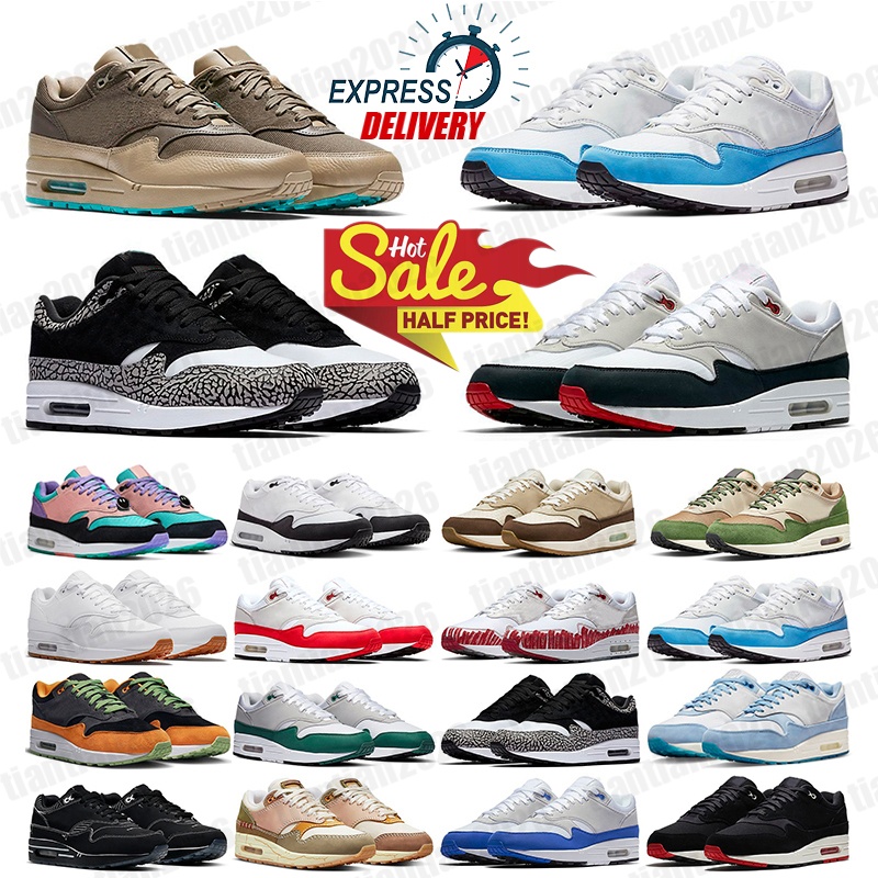 2026 Desianer OG 1 Running Shoes Top Men Women 87 Sneakers Big Head Origins chlorophyl Patta Black White Barogue Brown Cushion Dust Wolf Grey Tennis Sports Trainers