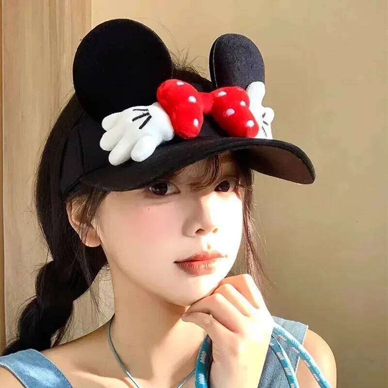 Disney Disney Cartoon Cute Two-Tone Mickey Minnie Bowknot Visor Sun Work Cap Make Fashionable Portable Travel Leisure Hat Girl Gift XJ260109