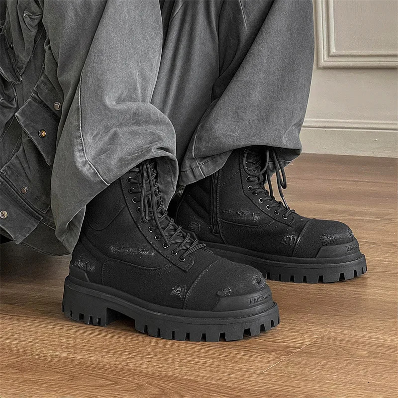 Autumn Winter High-top Motorcycle Boots for Men Lace-up Do-the-old Thick Bottom Short Ankle Boots with Zipper Man Black Boots 260106