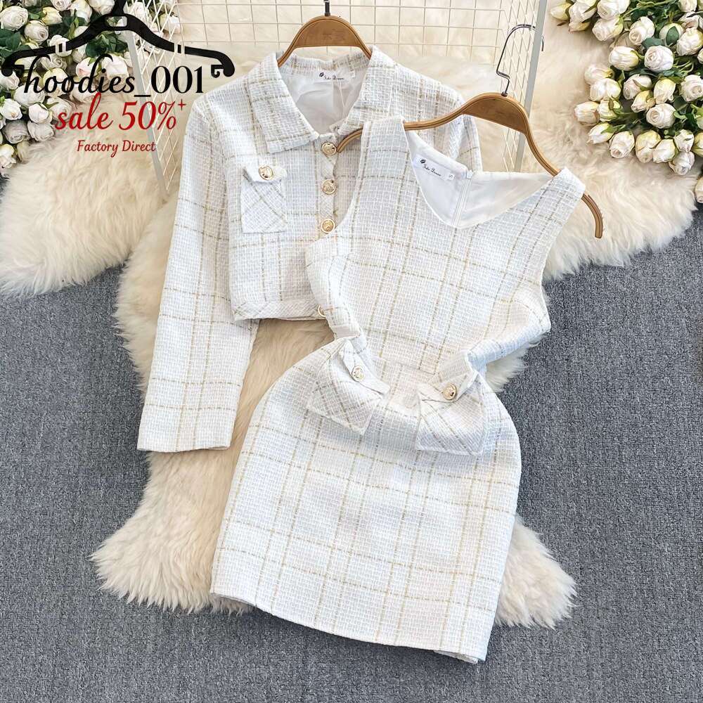 Luxury Dress Womens Dress Dresses For Women Spring Autumn Elegant Tweed Two Piece Set Long Sleeve Plaid Coat Bodycon Vest Dress Waist Cinching Sociali