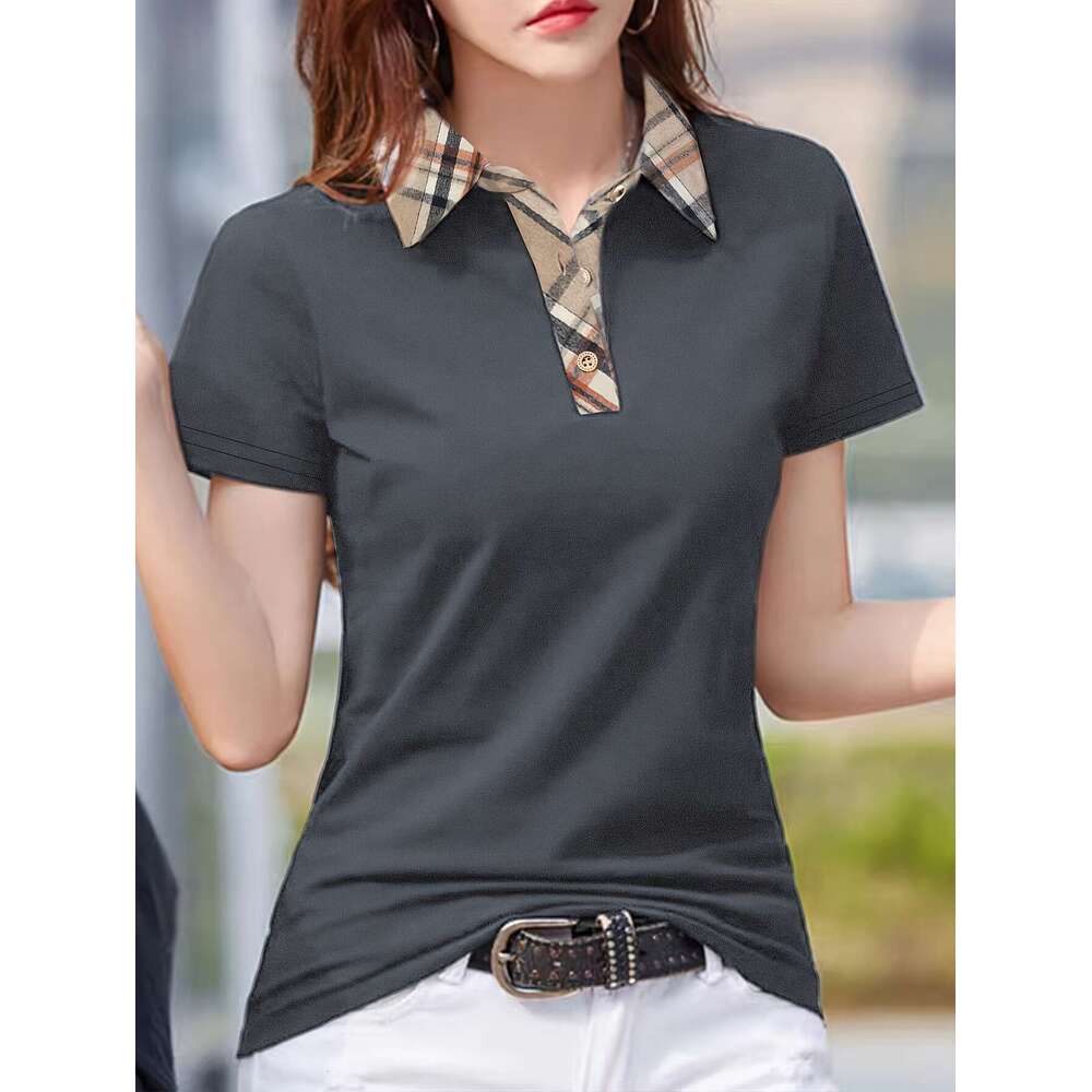 Long sleeved T-shirt Women's Spring/Summer New High end Fashion British Polo Collar Plaid Casual Top Women's short sleeved men's polo s
