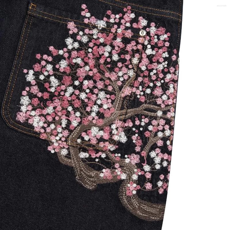 Men's Jeans Vintage Harajuku Low Waist Hip Hop Cherry Blossom Embroidered Women Baggy Straight Wide Leg Street Clothes - view 6