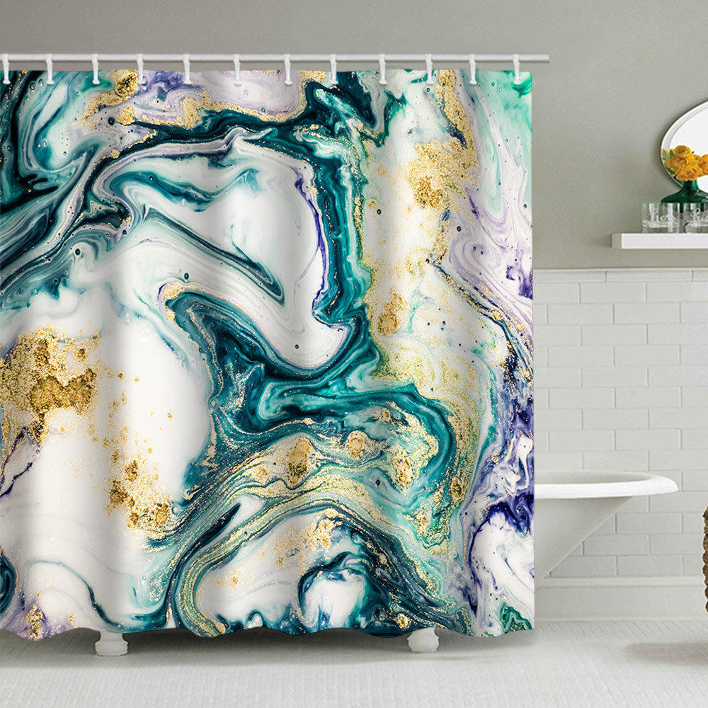 YL-38123 Marble Pattern Shower Curtain, Abstract Geometric Texture, Polyester Waterproof Shower Curtain Set with Hooks