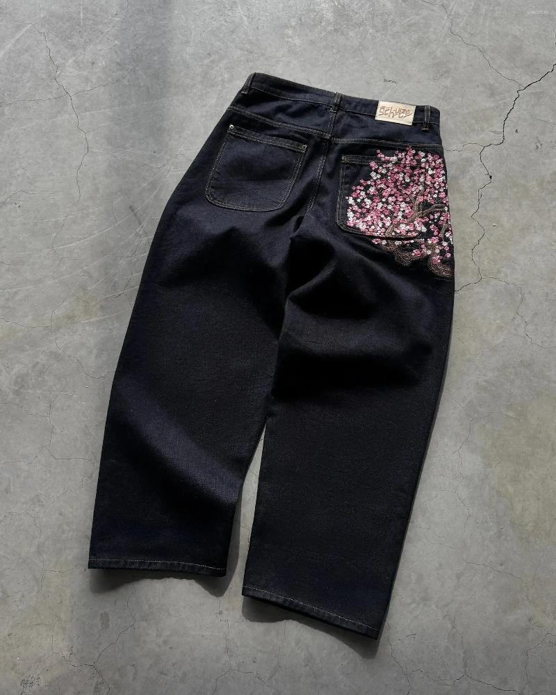 Men's Jeans Vintage Harajuku Low Waist Hip Hop Cherry Blossom Embroidered Women Baggy Straight Wide Leg Street Clothes - view 3