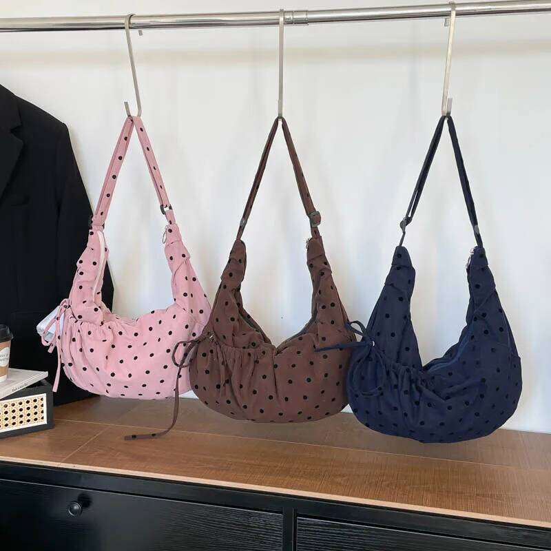 Cute Pink Polka Dot Corduroy Crescent Shoulder Drawstring 2025 New Trendy Design Casual Crossbody Bag for Women Daily Use XJ260109