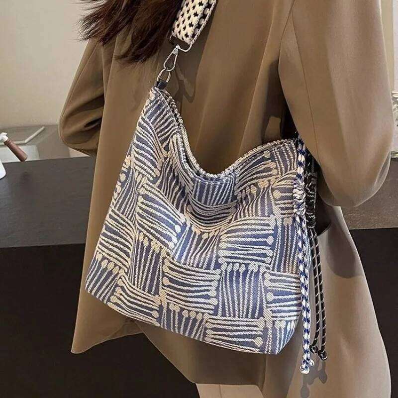 1pcs Korean Style Large Canvas Crossbody Women, Wide Strap Spacious Tote, Chic Autumn Winter Shoulder Bag XJ260109