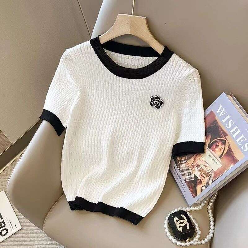 Round Neck Ice Silk Short Sleeve T-Shirt for Women Summer New Camellia Loose Slimming Versatile Thin Knitted Top