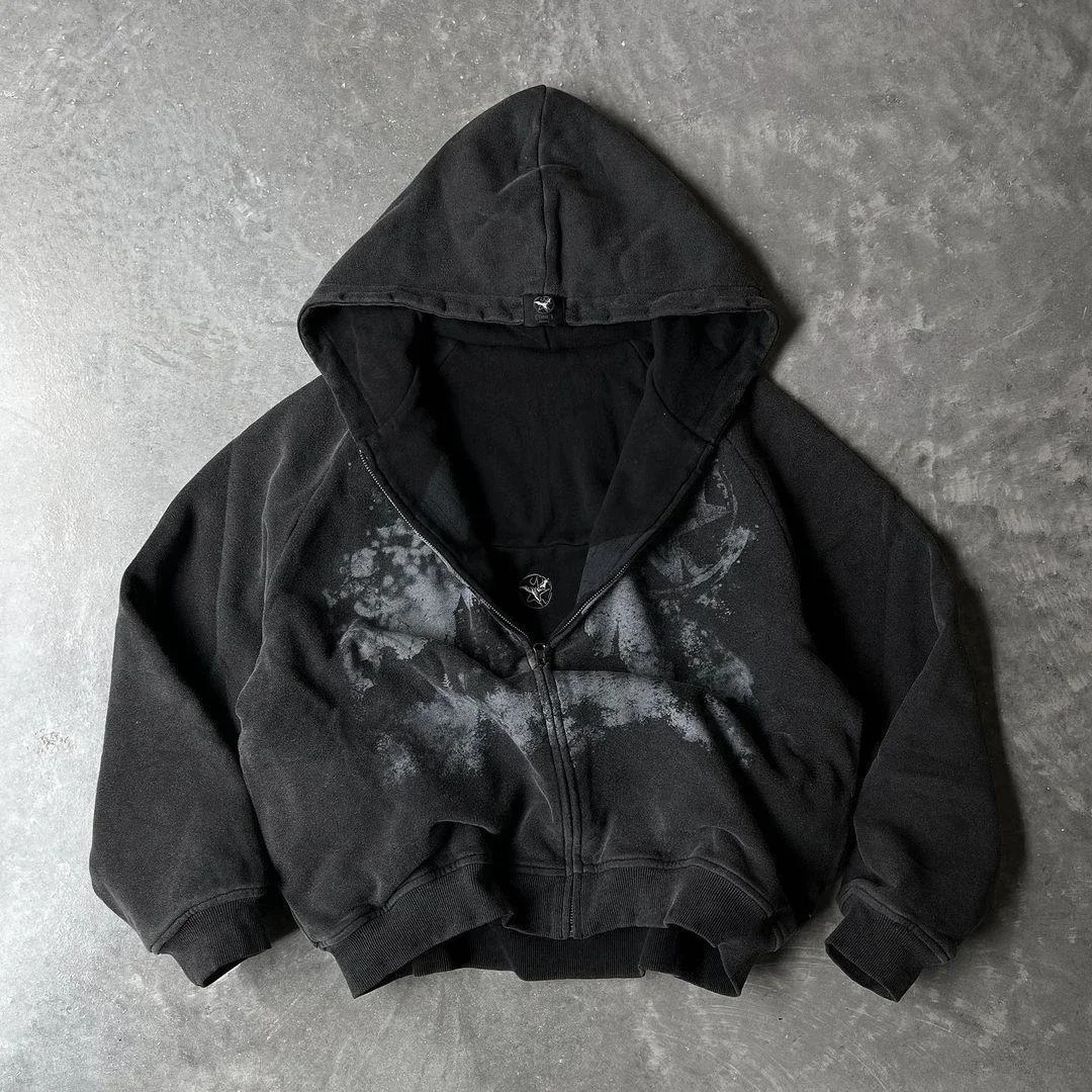 Y2k Gothic Punk Style Printed Star Spot Embroidered Zipper Hoodie Men and Women Fashion Harajuku Retro Oversized Bat Sleeve Top 260108