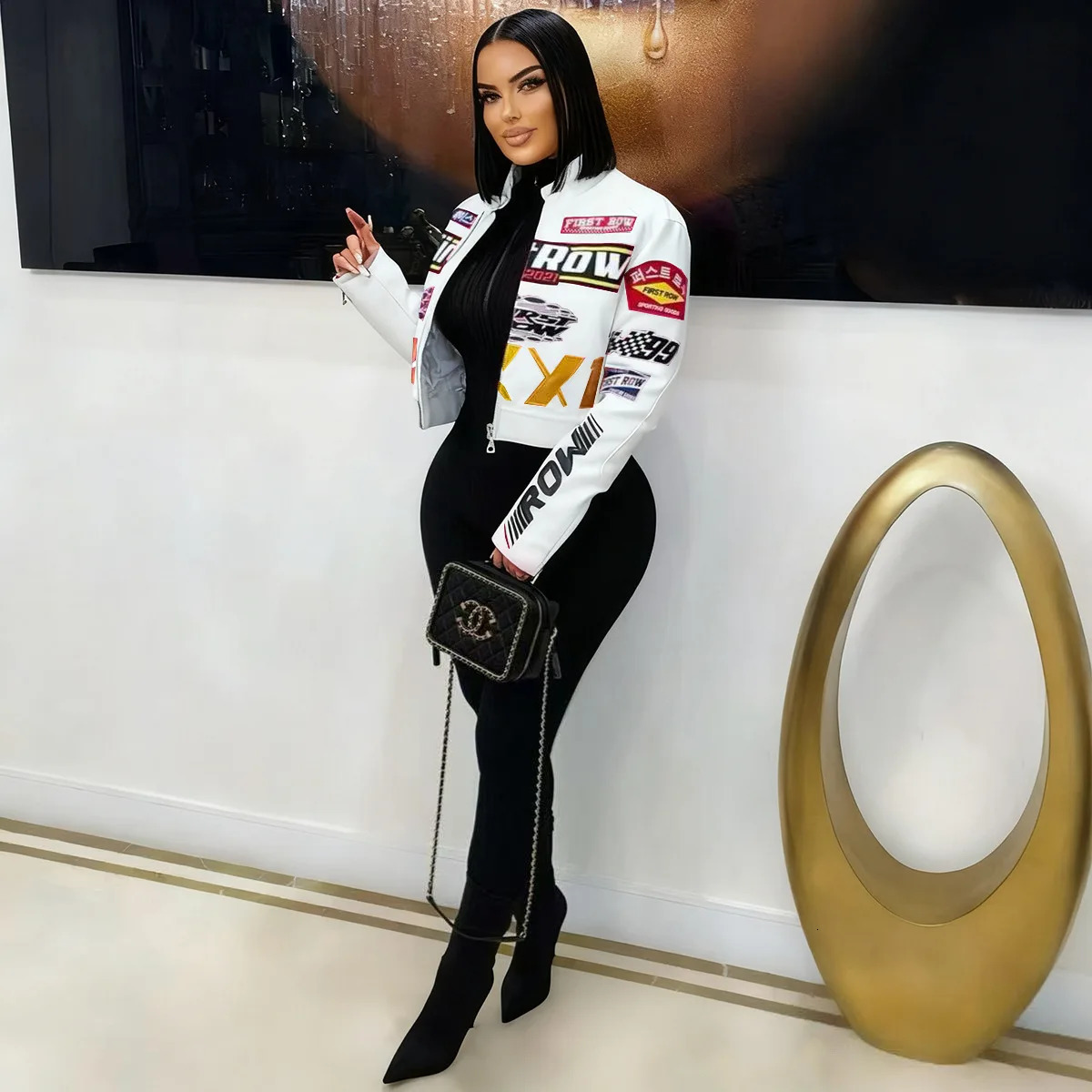 Winter Leather PU Jackets Women Crop Varsity Baseball Coats Y2K Streetwear 2025 Fall Letter Print Cyber Racer Jackets Coats 251230