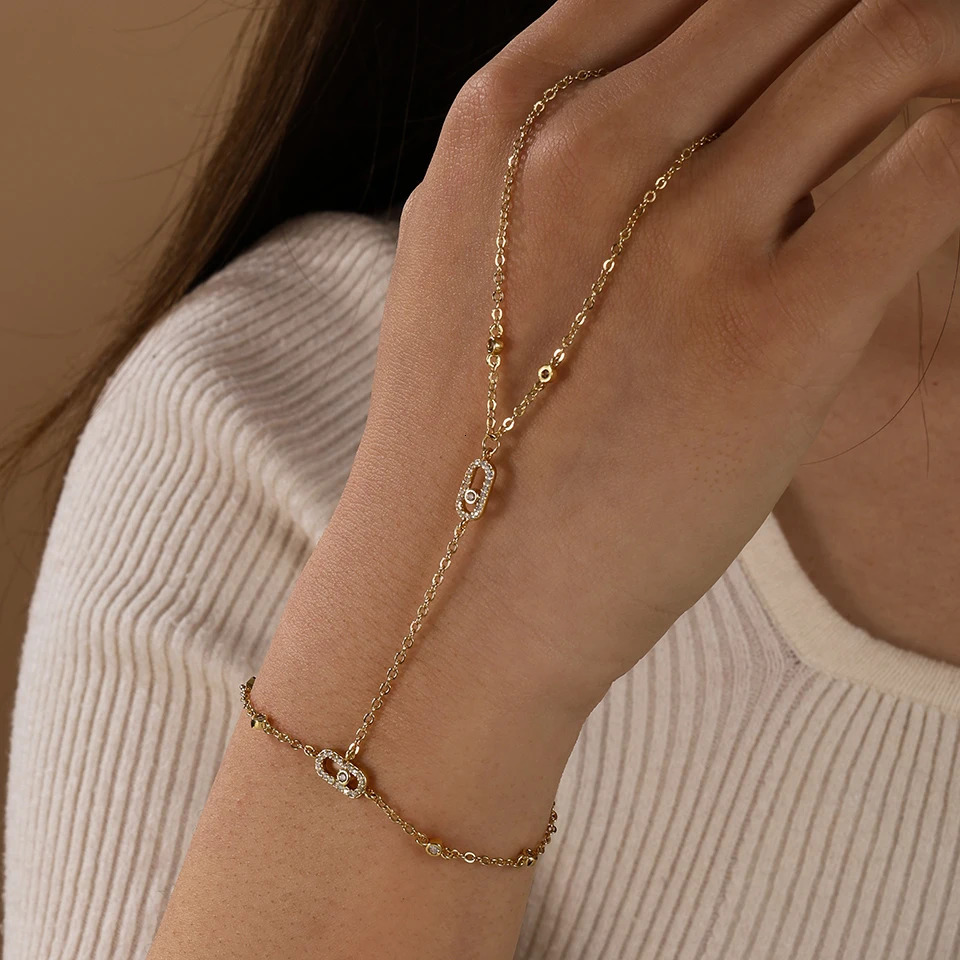 Yupsk Shiny Zircon Hand Chain Ring Bracelet Jewelry for Women Girl Dainty 14k Gold Plated Finger Ring Wedding Party Jewelry 260108