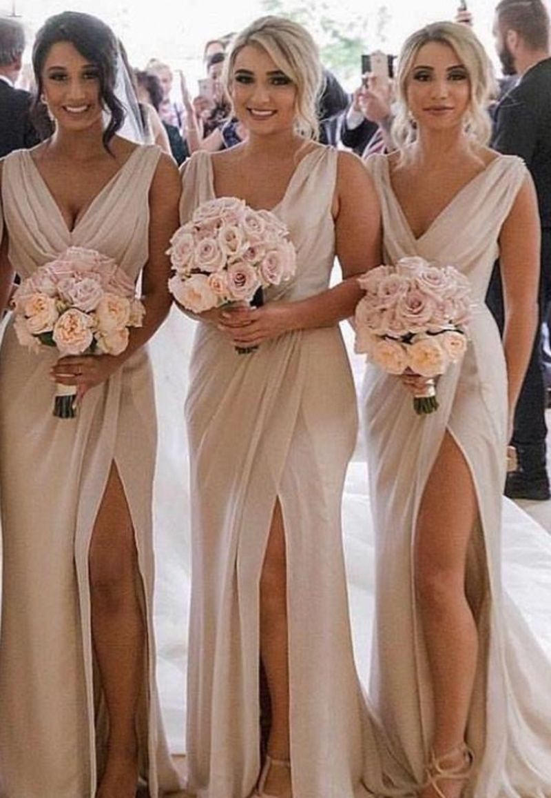 Sexy Champagne Bridesmaid Dresses Chiffon Deep V Neck Front Side Split Plus Size Maid Of Honor Gown Wedding Guest Dress J09 B0312