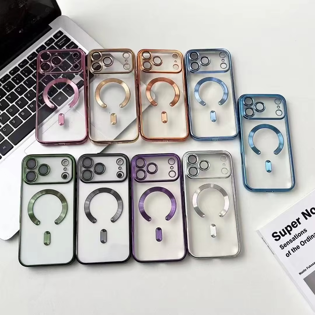 Magnetic Phone Cases for iPhone 17 16 16E 15 14 13 12 11 Pro Max Samsung S25 S26 S23 S24 Plus Ultra CD Grain Chromed Clear Plating Soft TPU with Camer